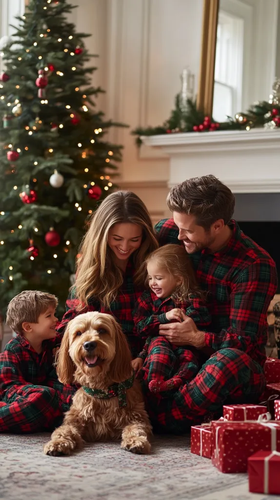 A family of four, dressed in matching red and green plaid pajamas, sit together in front of a Christmas tree. They are surrounded by wrapped presents. A brown dog is in front of them, looking at the camera. The family is smiling and enjoying each other's company. The image captures the warmth and joy of Christmas.