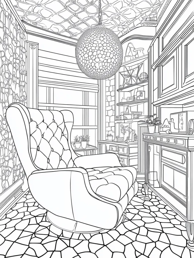 A line drawing of a room with a large, round, patterned light fixture hanging from the ceiling. The room features a comfortable armchair, a stone tiled floor, a built-in bookshelf and a side table.  There are plants on the table and a fireplace in the background. The drawing is detailed and intricate.