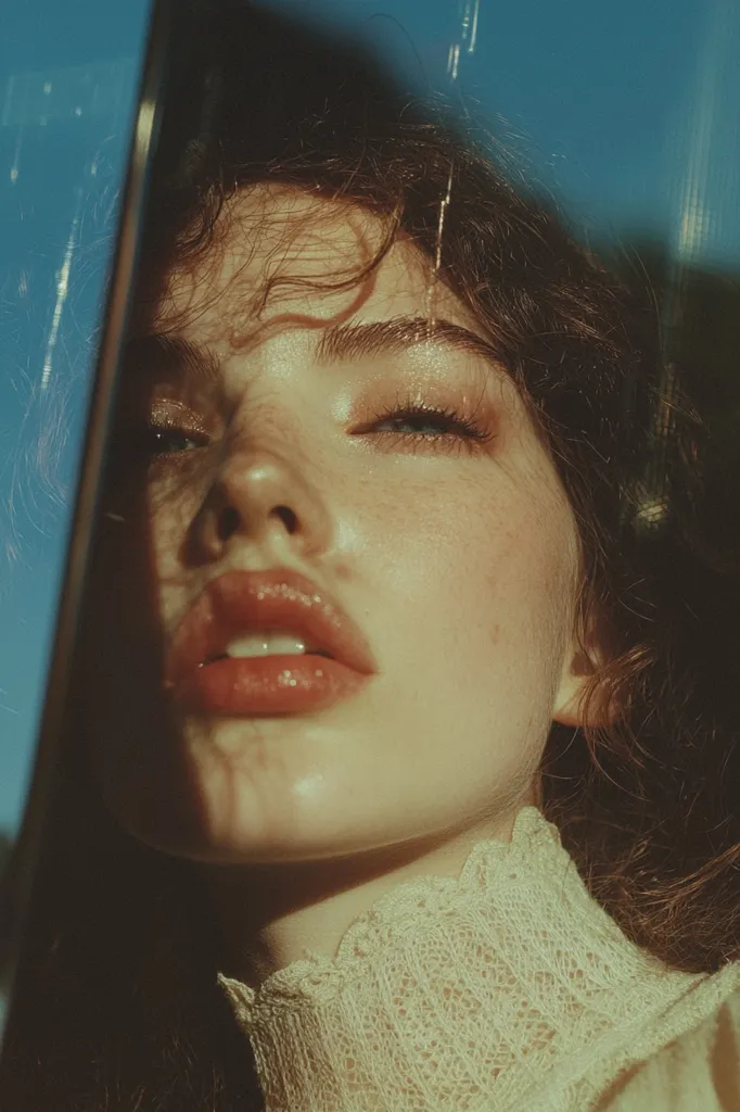 A close-up portrait of a woman with long, dark hair.  Her face is partially obscured by a reflective surface, revealing a soft, natural beauty. The sunlight casts a warm glow on her skin, highlighting her delicate features and the hint of freckles on her nose. Her eyes are wide and expressive, with a hint of mystery in their gaze. Her lips are full and slightly parted, as if about to speak. She wears a lacy, cream-colored top that adds a touch of elegance to the image. The overall mood is ethereal and dreamlike.  The use of soft focus and natural lighting creates a sense of intimacy and warmth.