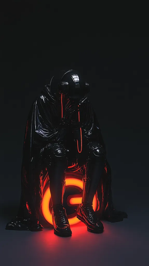 A person wearing a black, hooded cloak and a helmet sits on a glowing red circle, their face obscured by the shadows. They are facing down, their hands clasped in front of them.  A thin, red line hangs from the helmet, leading to the circle. The background is dark, adding to the mysterious and futuristic feel of the image.