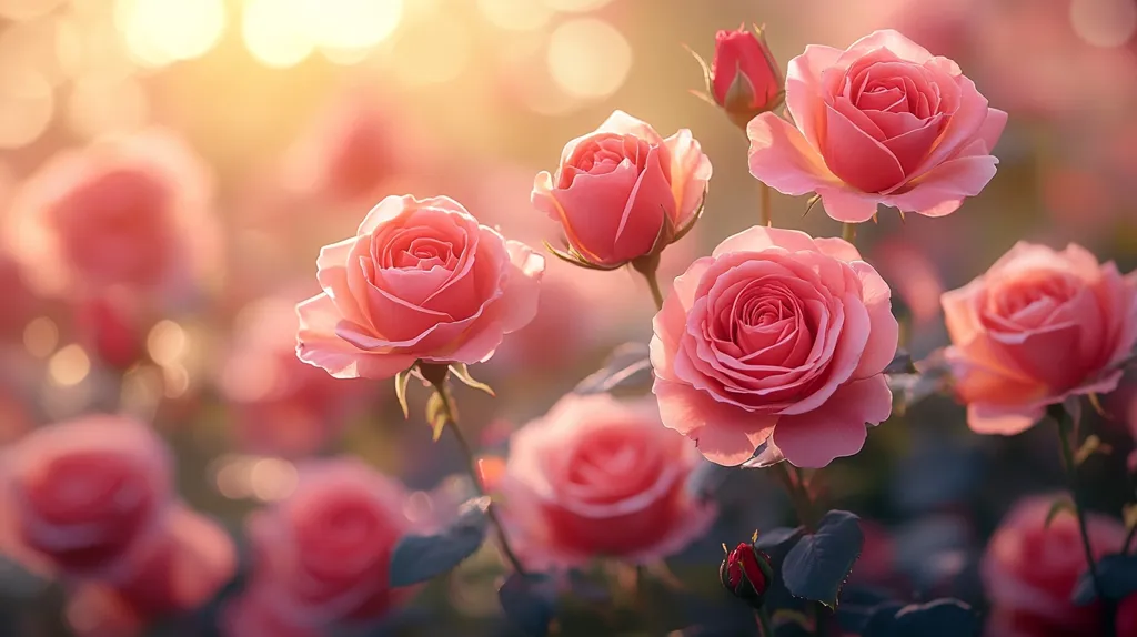The image showcases a field of blooming pink roses bathed in soft, golden sunlight. The roses are in various stages of bloom, from tight buds to fully open blossoms. The light creates a dreamy, romantic atmosphere, highlighting the delicate petals and intricate details of the flowers. The background is a blur of other roses and greenery, creating a sense of depth and abundance.