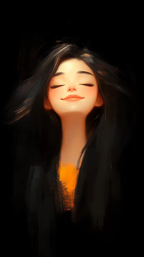 The image shows a digital painting of a young woman with long, dark hair and a relaxed expression.  Her eyes are closed, and her lips are slightly parted in a subtle smile.  The background is dark, highlighting her pale skin and bright orange shirt.  The painting is done in a soft, painterly style, giving the impression of a peaceful and dreamlike scene.