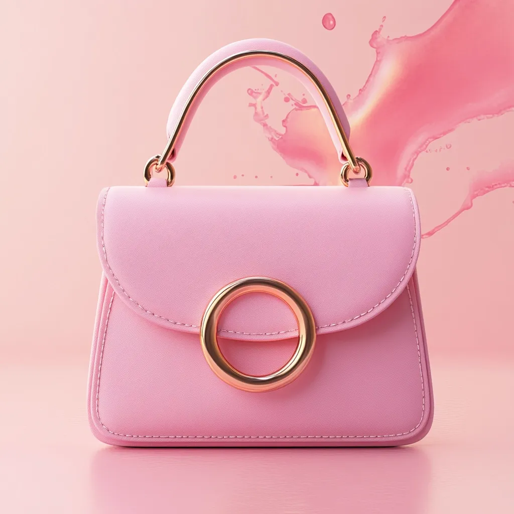 A pink handbag with a gold handle and a large gold circle on the front. The bag is sitting on a pink surface and there is a pink splatter behind it.  The bag is small and stylish.  The image is simple and elegant.