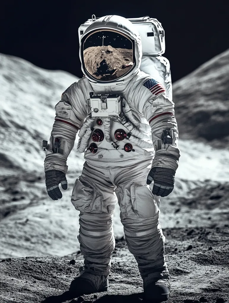 An astronaut stands on the moon's surface, their reflection in their helmet showcasing the rugged lunar landscape. Their white spacesuit is juxtaposed against the gray dust, highlighting their isolation and the vastness of space. An American flag is visible on the suit, emphasizing the nation's achievements in space exploration. The image evokes a sense of wonder and a longing for the unknown.