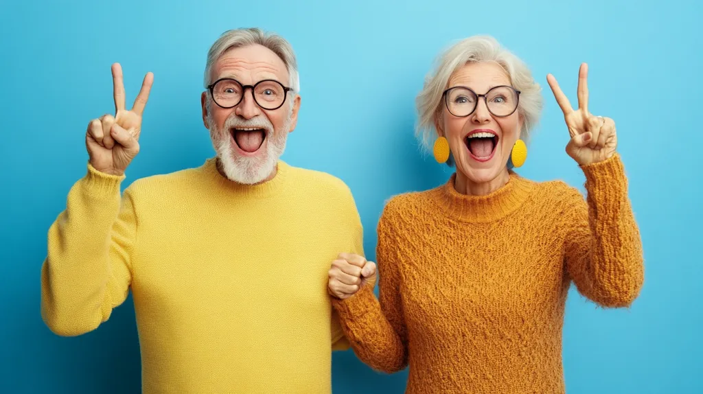 A senior couple, both with grey hair and wearing glasses, stand against a blue background. They are both smiling and holding up two fingers in the peace sign. The man is wearing a yellow sweater and the woman is wearing an orange sweater. They are both excited and happy.  They are most likely celebrating a victory or an achievement.