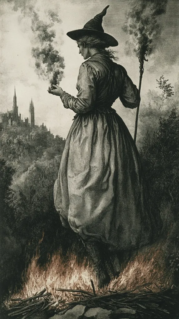 A woman in a long, flowing gown and a pointed hat stands with her back to the viewer, gazing towards a distant city with spires. She holds a stick in her hand, and there is a fire burning at her feet. The scene is rendered in shades of gray and brown, suggesting a somber and atmospheric mood.