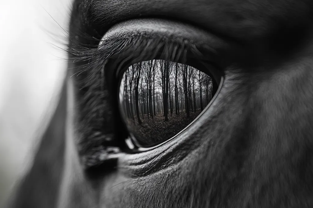 A close-up, black and white image of a horse's eye. The horse's eye is partially open and reflects a forest scene. The image is focused on the eye and the reflection, with the rest of the horse's face blurred out. The image creates a sense of mystery and depth, as the viewer can see the world through the horse's perspective. The image is visually striking and evocative, and it inspires the viewer to consider the horse's inner world.