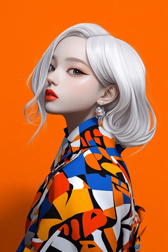 The image features a digital illustration of a woman with long, white hair, wearing a brightly colored shirt with abstract patterns. The shirt is a mixture of red, blue, orange, and white. The woman has a pale complexion and is wearing a pair of large, diamond earrings. The background of the image is a solid orange. The woman looks away from the camera with a subtle smile. The overall style of the image is modern and trendy.