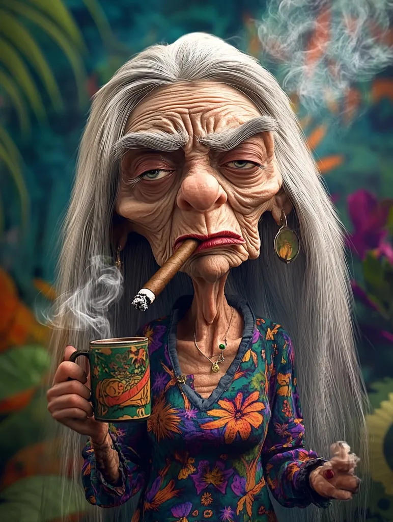 The image depicts a cartoon-style elderly woman with long gray hair and a stern expression. She is holding a mug in one hand and a lit cigar in the other. She is wearing a colorful floral-patterned shirt and a gold pendant necklace. Smoke from the cigar is visible in the background. The woman's facial features are exaggerated, giving her a comical appearance. The background is a blurry green and brown, suggesting an outdoor setting.