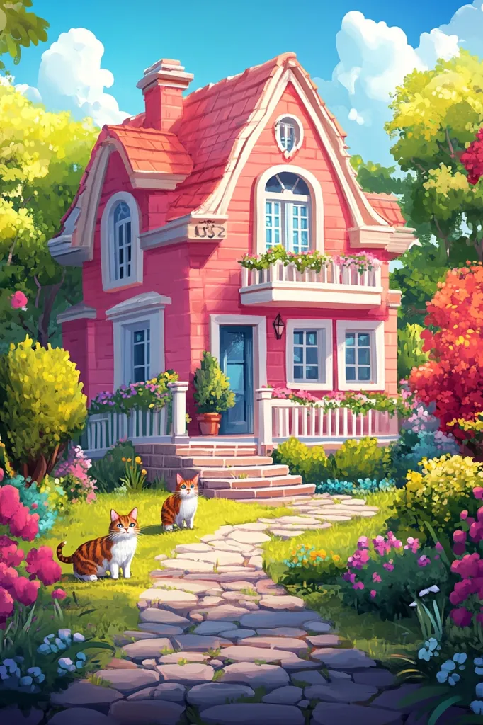 A charming, pink cottage with a white picket fence sits amidst a lush, colorful garden.  A stone path winds through the vibrant flowers and greenery, leading up to the front door. Two orange and white tabby cats bask in the sun, one sitting on the porch steps and the other on the path. The sunny sky and bright colors create a whimsical and idyllic scene.