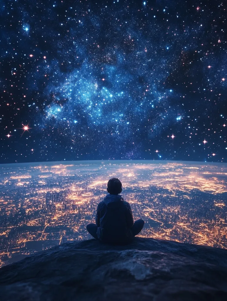 A lone figure sits on a rocky outcrop, gazing out at a sprawling cityscape beneath a breathtaking night sky. Countless stars twinkle against a backdrop of deep blue, creating a sense of awe and wonder. The city lights below glimmer like a sea of fireflies, adding to the ethereal beauty of the scene. The image evokes feelings of isolation, contemplation, and the vastness of the universe.