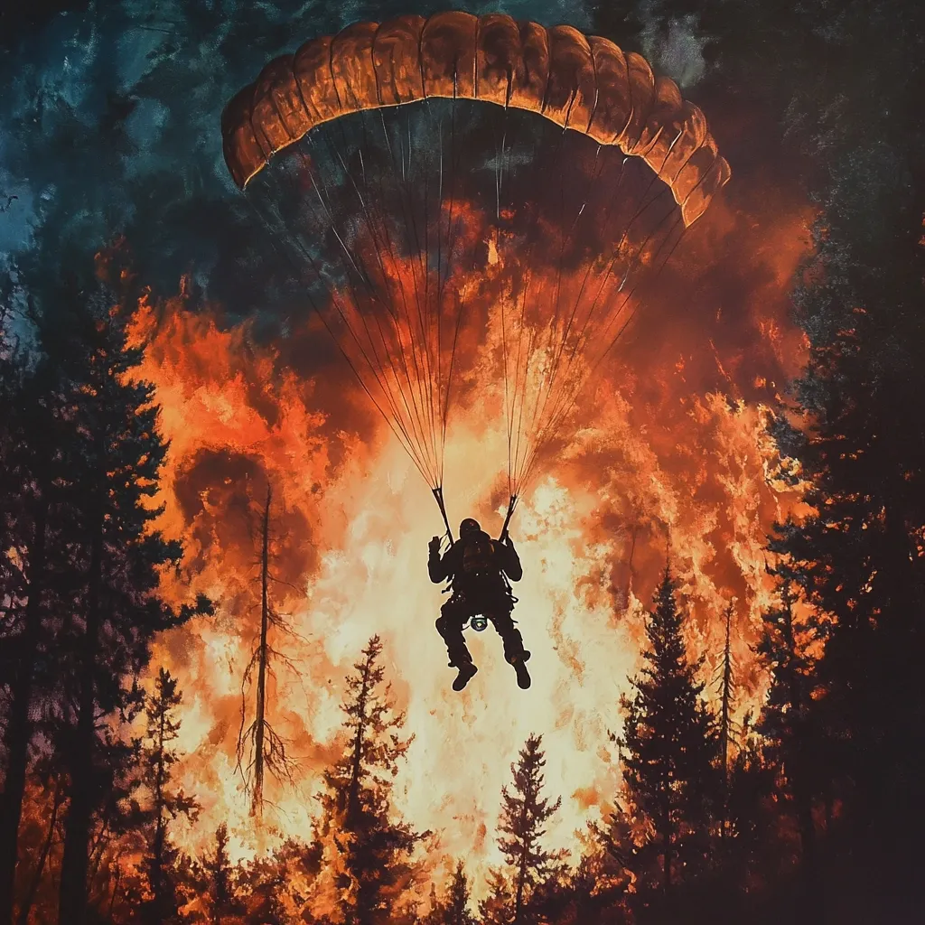 A lone parachutist descends through the sky above a forest engulfed in flames. The parachute is open, and the parachutist is silhouetted against the fiery backdrop. The scene is filled with a sense of danger and urgency. The dark silhouette of trees on either side frame the scene. The orange and red tones of the fire create a dramatic contrast against the dark sky and the silhouetted figure.