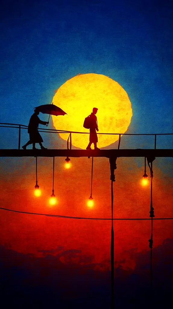 Two figures, one with an umbrella, walk across a bridge silhouetted against a large, yellow moon. The bridge is adorned with strings of dangling light bulbs, casting a warm glow against the vibrant red sky. The scene evokes a sense of mystery and intrigue, as if the figures are walking towards an unknown destination. The contrasting colors of the blue sky, yellow moon, and red sky create a visually captivating and dramatic atmosphere.