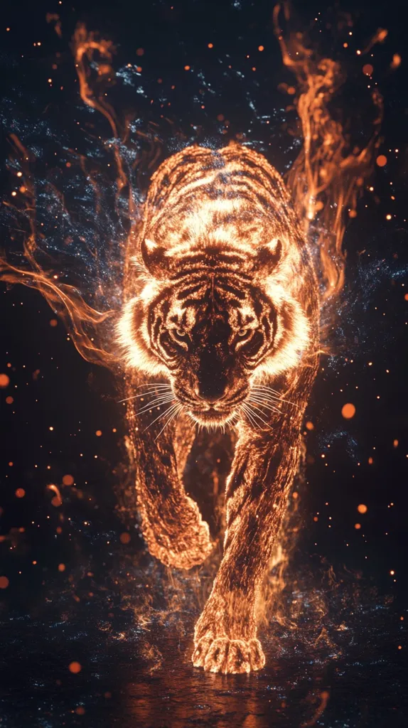 A tiger is rendered in flames, walking towards the viewer.  The tiger is outlined in fire, with a dark background.  The tiger's face is full of intensity and its paws are leaving a trail of embers behind it.  There are small, scattered glowing particles throughout the image.  The tiger's fur appears to be made of flames, with glowing, fiery embers in the center of the tiger's body.  The tiger's eyes are dark and intense.  The image is a powerful representation of strength, power and fierceness.