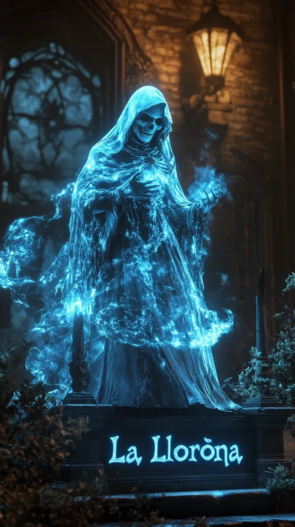 The image depicts a spectral figure of La Llorona, a mythical ghost in Mexican folklore. She is depicted as a woman dressed in a flowing gown, with her face hidden by a hood, and emanating an ethereal blue light. Her form seems to be dissolving or swirling, adding to her spectral nature. She stands on a stone pedestal, illuminated by a faint glow, with the inscription "La Llorona" below. The scene is set in a dark, mysterious atmosphere, likely in an ancient graveyard. The overall effect is one of haunting beauty and supernatural terror.
