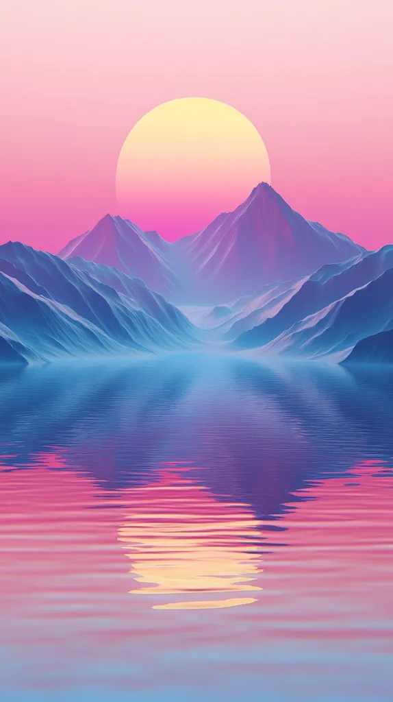 A large, yellow sun sets behind a series of blue and purple mountains, reflecting in a still lake. The sky and water are painted in a gradient of pink and blue hues. The image is peaceful and serene.