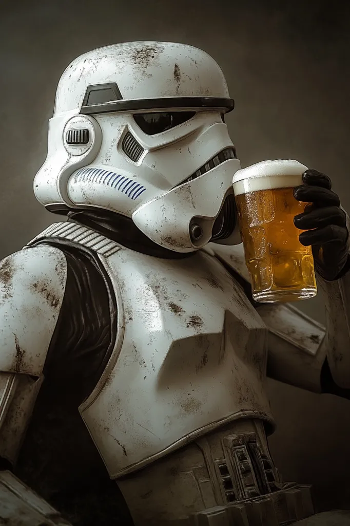 A weathered Stormtrooper in full gear raises a glass of beer to his lips. The helmet is cracked and dirty, revealing a hint of the trooper's face underneath. The beer is foamy and golden, contrasting with the dark background. The image suggests a humorous juxtaposition of a menacing warrior and a casual act of drinking.