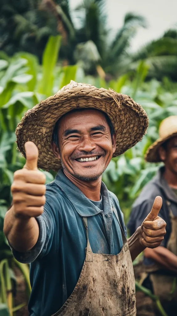 A man with a straw hat and a dirty apron gives a thumbs up with a wide smile. He stands in a lush green field with another man, wearing a similar hat, standing behind him. The image captures a moment of joy and satisfaction in the midst of hard work.