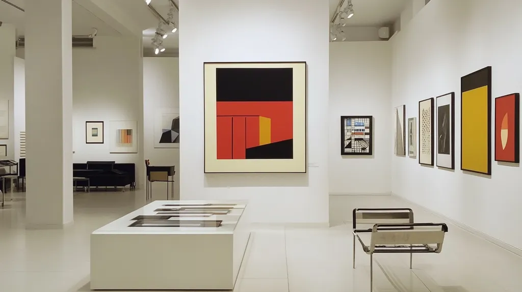The image shows a minimalist art gallery with white walls and a light-colored floor. Several framed abstract paintings are displayed on the walls, including a large one with a red and black geometric design. In the center of the gallery, a low, white table with a glass top sits on a white platform. A silver chair with a mesh seat and back is placed on the right side of the image. The overall atmosphere is clean, modern, and serene.