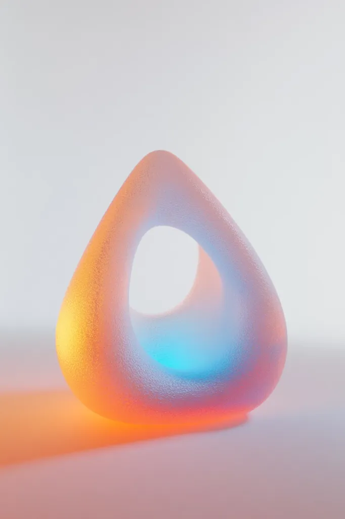 A translucent, frosted glass object shaped like a teardrop with a circular hole in the center. It is illuminated from below, casting an orange glow. The object appears to be made of glass, with a slightly textured surface. The background is a soft white. The object is isolated on a white background.