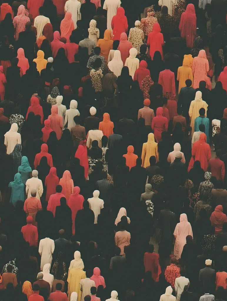 A large crowd of people, mostly women, are gathered together. The majority are wearing colorful clothing, including shades of red, pink, blue, and yellow. The image is taken from a high angle, giving a view of the heads and shoulders of the crowd. The overall tone of the image is vibrant and busy.
