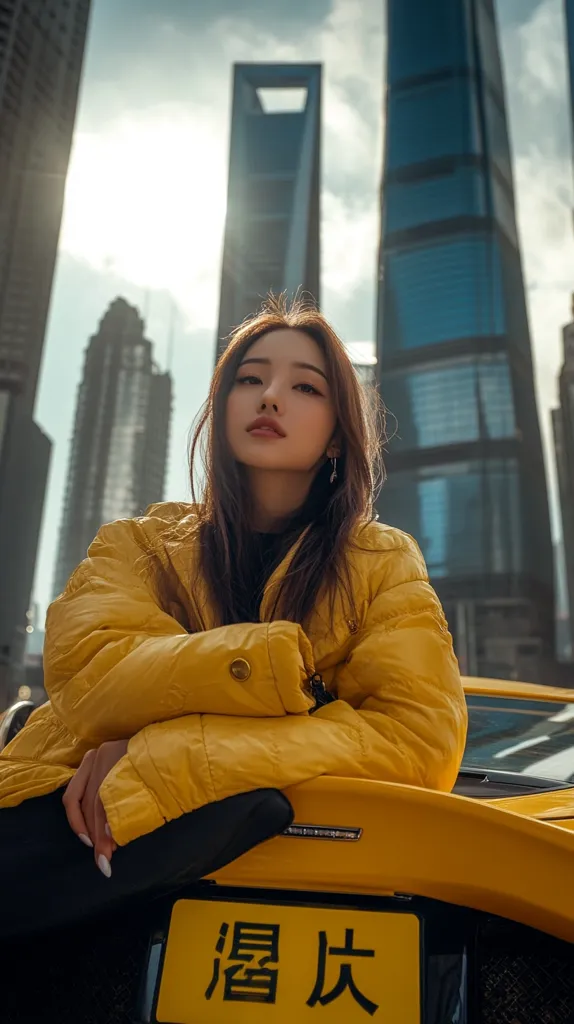 A young woman with long dark hair, wearing a bright yellow puffer jacket, leans against a yellow sports car. She looks directly at the camera with a serious expression. The car is parked in front of a towering cityscape, with multiple skyscrapers visible in the background. The scene exudes a sense of urban chic and modern style.