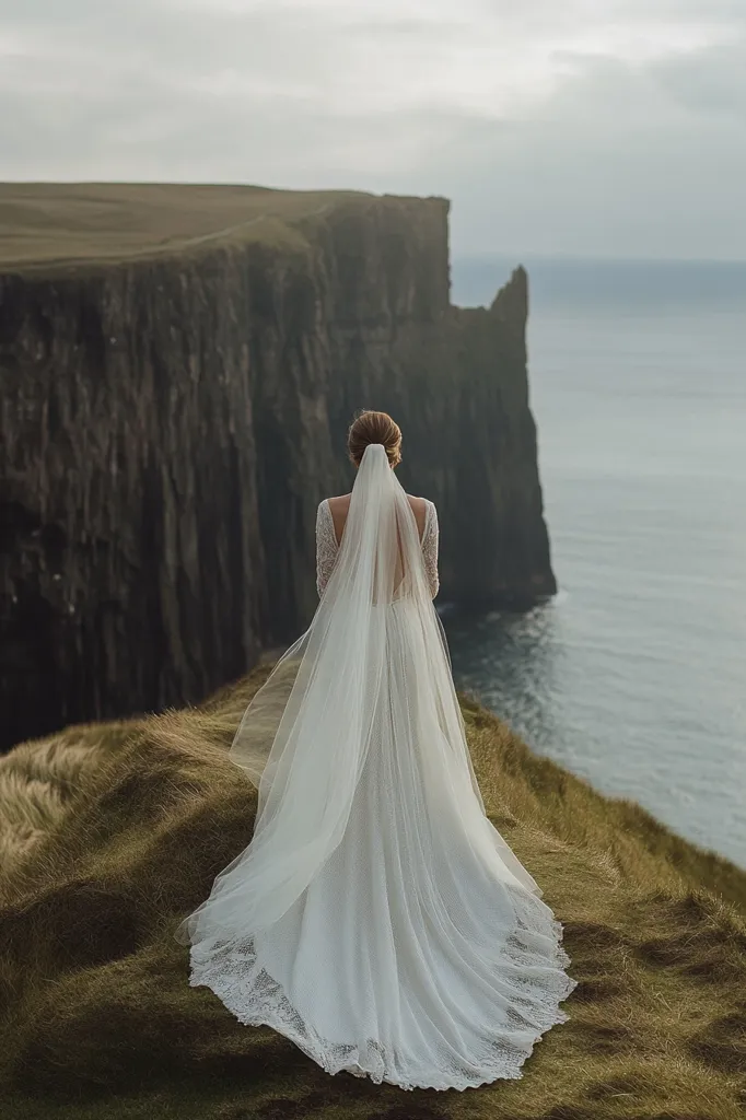 A bride in a flowing white wedding dress and veil stands on a grassy cliff overlooking the ocean. She gazes towards a vast, blue expanse of water with dramatic cliffs rising in the background. The scene evokes a sense of tranquility and wonder, with the bride's silhouette against the natural landscape.  The soft light and muted colors add to the ethereal atmosphere.