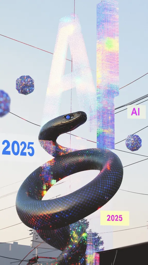 A large, iridescent, glowing sculpture of the letters "AI" is framed against a blue sky. A black, glittering snake sculpture wraps around the "A" in a circular formation, with the year "2025" displayed prominently in both blue and yellow. The image is adorned with hanging lights and a blurred background of buildings. The overall effect is one of futuristic and digital artistry, with the snake symbolizing the entwining of technology and progress.