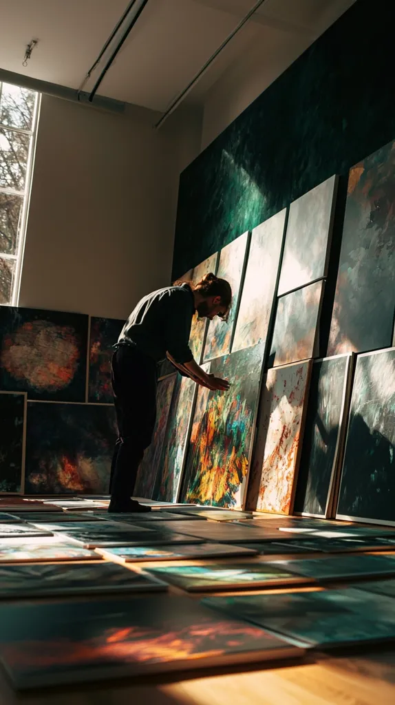A man in a dark shirt and pants stands in a gallery, inspecting a large wall of paintings.  The paintings are mostly abstract and colorful, with a few more representational pieces mixed in.  The man is looking closely at a painting in the middle of the wall, and the light from the window behind him casts a shadow across the floor.  The gallery is clean and well-lit, and there are a few other paintings on the floor in front of the man.  The overall impression is one of creativity and inspiration.