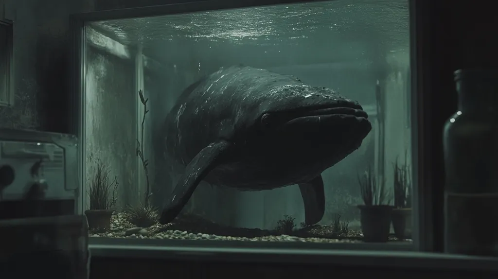 A large, dark, fish-like creature swims in a glass tank filled with murky water. The creature is large enough to take up most of the space in the tank. Its body is mostly obscured by the murky water, but its head and tail are visible. The tank is located in a dark room, and there are a few plants in the background. The image has an eerie and unsettling quality to it.