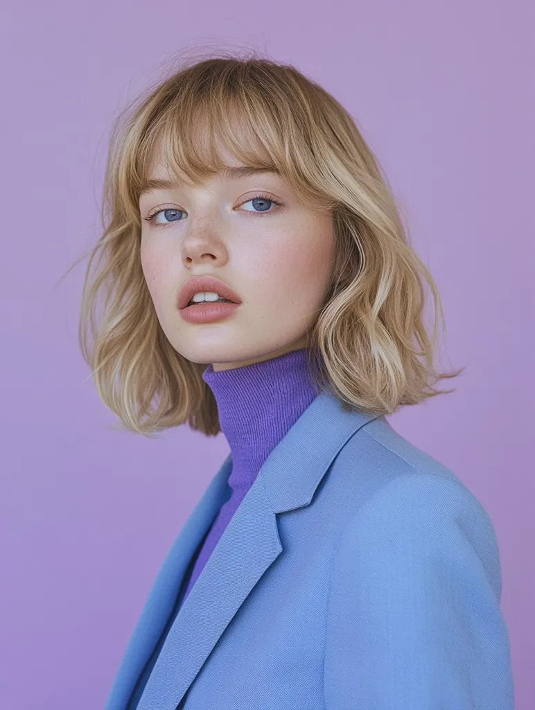 A young woman with blonde hair and bangs wears a blue blazer over a purple turtleneck. Her light eyes and soft features are visible against the lavender background. She appears to be looking off-camera, creating a sense of mystery. The colors and composition create a minimalist and chic aesthetic.