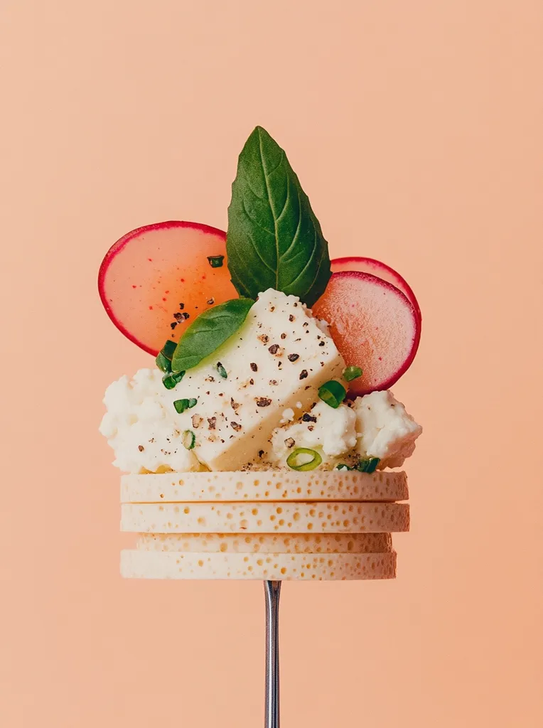 A stack of four light brown, round, textured crackers is skewered on a silver rod. The crackers are topped with a piece of white cheese, crumbles of white cheese, and a sprig of green basil. Two thin slices of pink radish are arranged on either side of the basil. The entire arrangement is set against a light orange background.