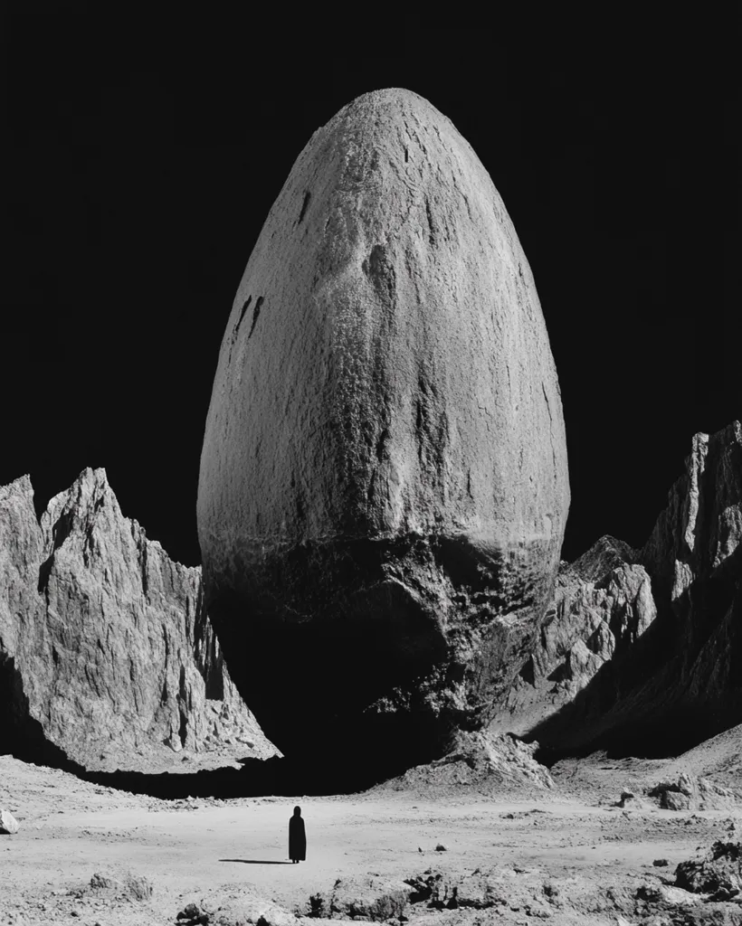 A solitary figure stands in a desolate, lunar-like landscape. A colossal, egg-shaped rock formation dominates the scene, casting a long shadow across the barren terrain. The stark contrast between the dark, imposing rock and the bright, dusty ground creates a sense of isolation and otherworldly beauty. The image is captured in a monochromatic palette, emphasizing the harshness and starkness of the environment.