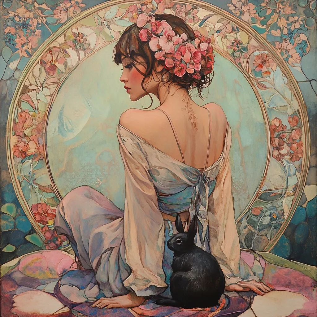 The painting depicts a woman with long brown hair adorned with pink flowers, sitting in a contemplative pose. She is dressed in a flowing white gown and is facing away from the viewer. A small black rabbit sits beside her. The backdrop features a large circular frame with intricate floral designs and a soft blue background. The image evokes a sense of tranquility and solitude.