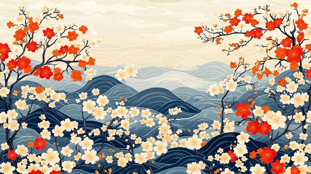 The image is a colorful illustration of a Japanese landscape with cherry blossoms. It features a stylized depiction of a mountain range with rolling hills and flowing water, framed by branches of cherry blossoms in various shades of red and white. The background has a soft, hazy quality, suggesting a delicate and dreamy atmosphere. The overall composition evokes a sense of tranquility and beauty.