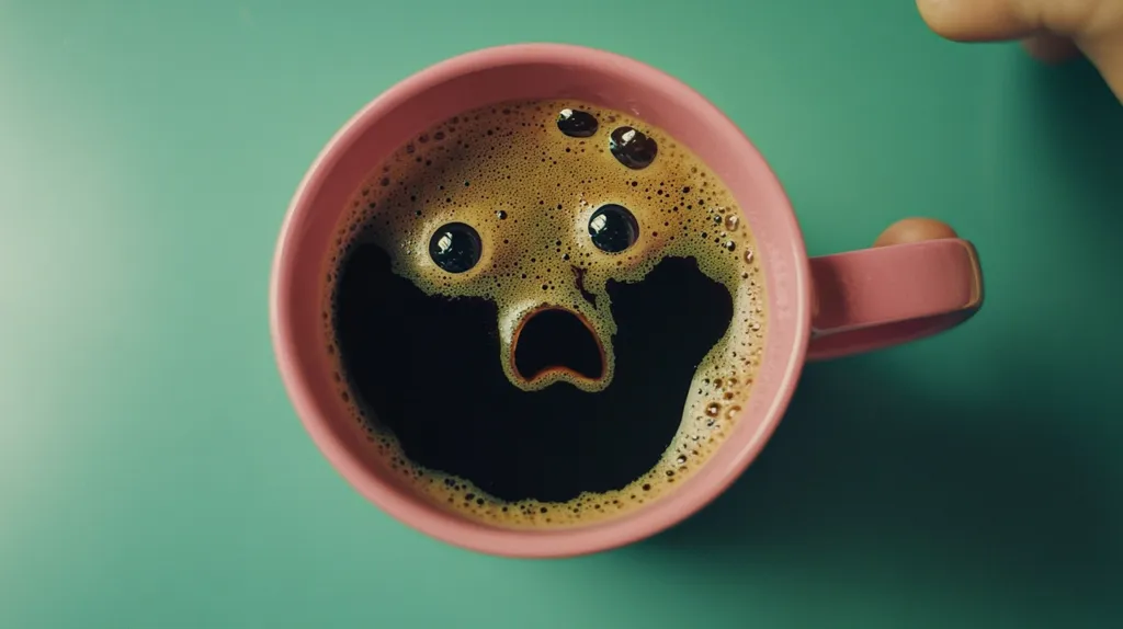 A pink coffee mug sits on a green surface. The coffee inside has formed a surprised face with large eyes and an open mouth. The foam on top creates a textured appearance, adding to the whimsical nature of the image.