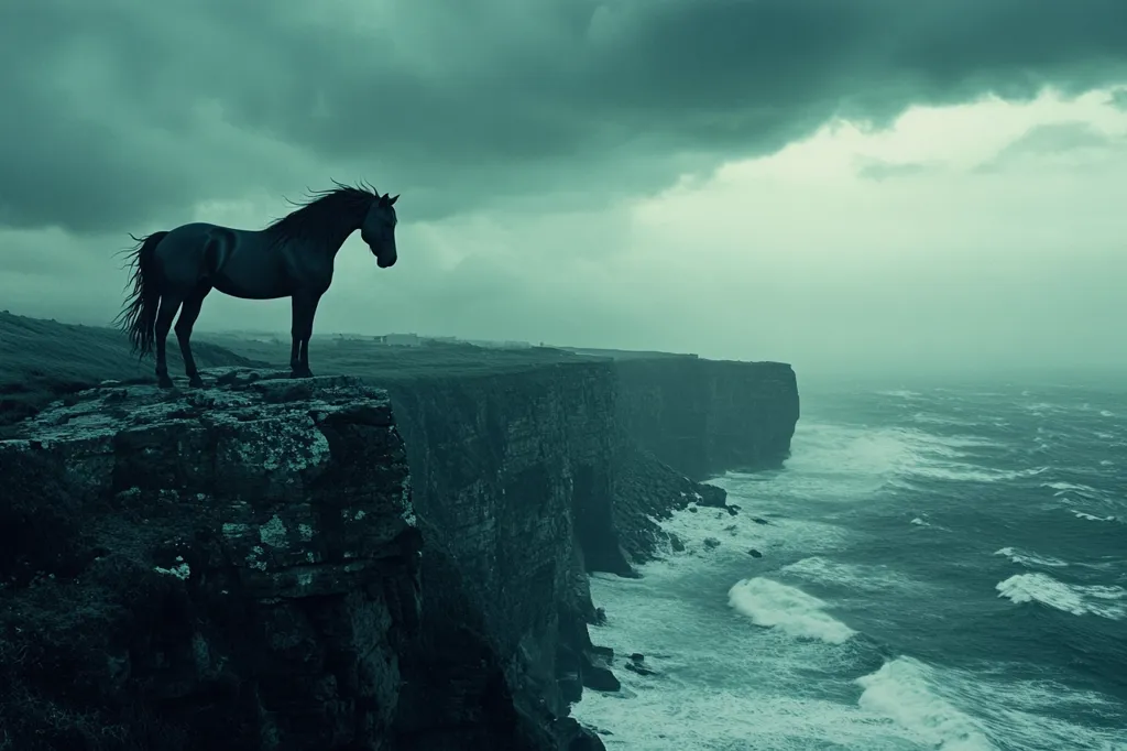 A solitary black horse stands on a cliff overlooking a stormy sea. The wind whips the water into crashing waves and the sky is dark and brooding. The horse is silhouetted against the dramatic landscape, creating a powerful and evocative image. The sense of isolation and the power of nature are palpable.