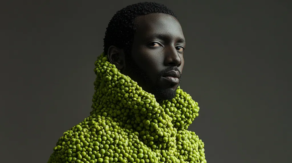A Black man with short, dark hair stands against a grey background. He is wearing a unique garment crafted entirely from green peas, covering his torso and extending up to his neck. He gazes directly at the viewer with a serious expression. The image's focus is on the man's unexpected attire, highlighting the creativity and unconventional use of everyday objects in art.