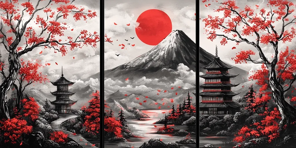 The painting depicts a Japanese landscape with a traditional pagoda in the foreground, a large red sun rising over a snow-capped mountain in the background, and cherry blossoms falling in the breeze. The colors are predominantly black, white, and red, creating a striking contrast. The overall effect is one of peace and tranquility.