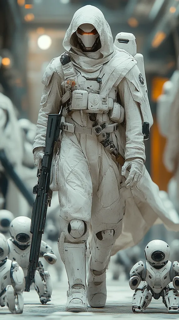A futuristic soldier in a white suit and helmet walks through a city. The soldier is holding a large gun and has a backpack. There are several small white robots surrounding the soldier. The image has a cool, clean aesthetic.