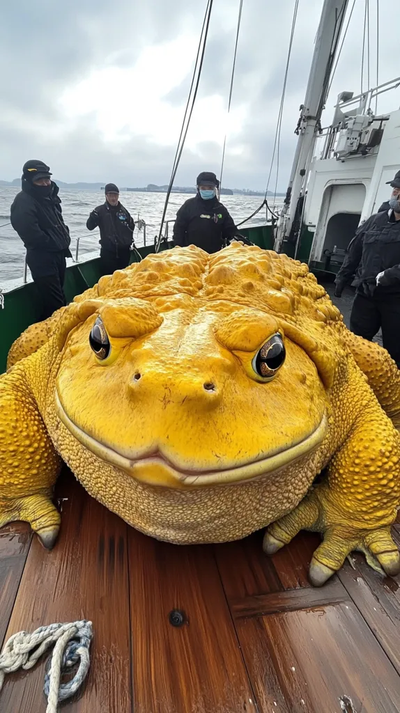 A giant yellow toad sits on the deck of a boat, its massive size dwarfing the people standing around it. The toad's textured skin and large eyes are visible in the close-up shot. The boat's wooden deck and a coiled rope in the foreground add to the scene. The people are wearing face masks, suggesting a possible connection to the COVID-19 pandemic. The image has a whimsical and slightly surreal quality, presenting a juxtaposition of the ordinary and the extraordinary.