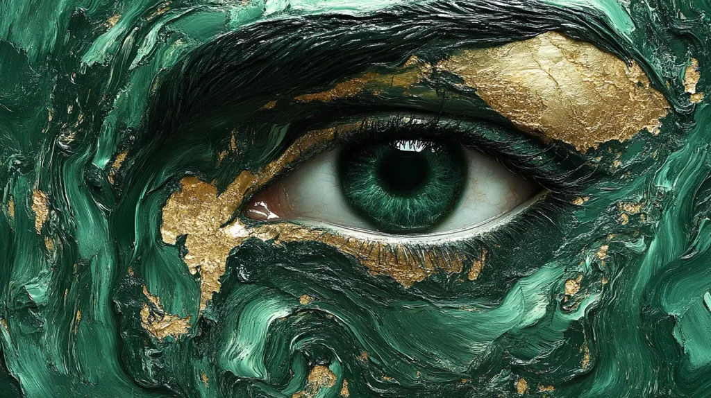 A close-up of a woman's eye, painted in swirls of emerald green and gold, creating a dramatic and abstract effect. The eye itself is a vibrant green, contrasting against the dark lashes and the swirling background. The image has a captivating and almost mystical feel.