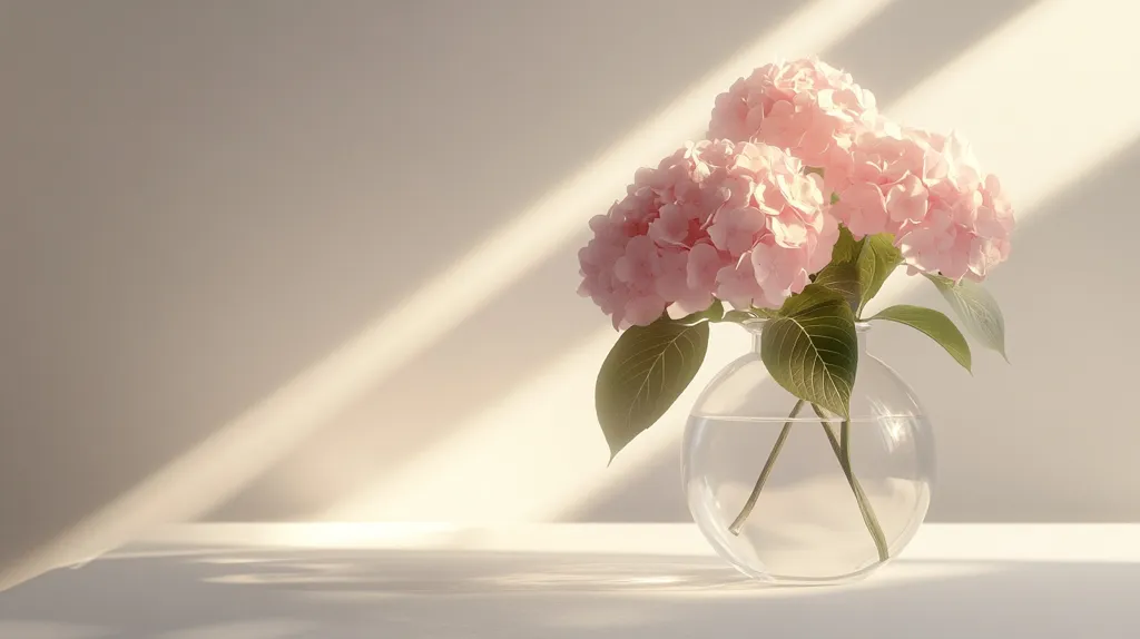 A bouquet of delicate pink hydrangeas sits in a clear glass vase on a white table. The flowers are bathed in warm sunlight, casting soft shadows on the surface below. The image evokes a sense of tranquility and beauty.