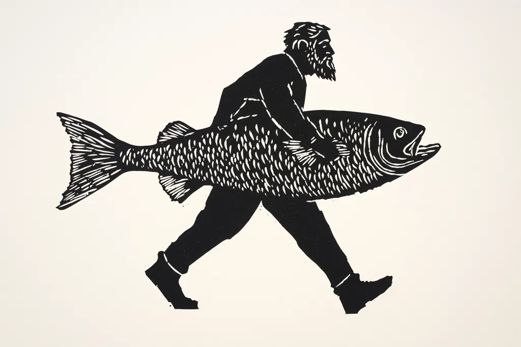 The black and white image depicts a man carrying a large fish over his shoulder, as if it were a surfboard. The man is walking with his legs spread apart, his head and torso facing forward, and his arms are not visible. The fish's head is pointed toward the right, and its tail is trailing behind. The details of the man's face and the fish's scales are rendered with a rough, woodcut style. The image appears to be a simple and humorous depiction of a fisherman with his catch.
