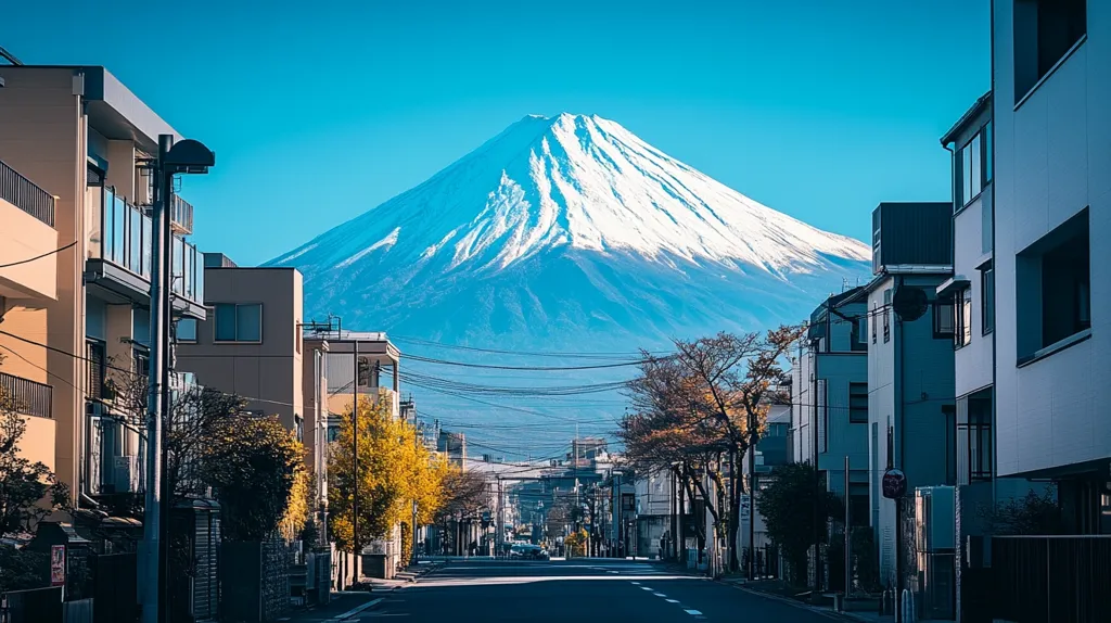A narrow street lined with modern buildings in Japan leads towards a stunning view of Mount Fuji in the distance. The iconic mountain is covered in snow, contrasting with the clear blue sky.  The scene is tranquil, with the street seemingly deserted except for a few cars in the distance. The buildings are a mix of beige and white, creating a clean and modern aesthetic. Lush green trees and bushes add a touch of nature to the urban setting.
