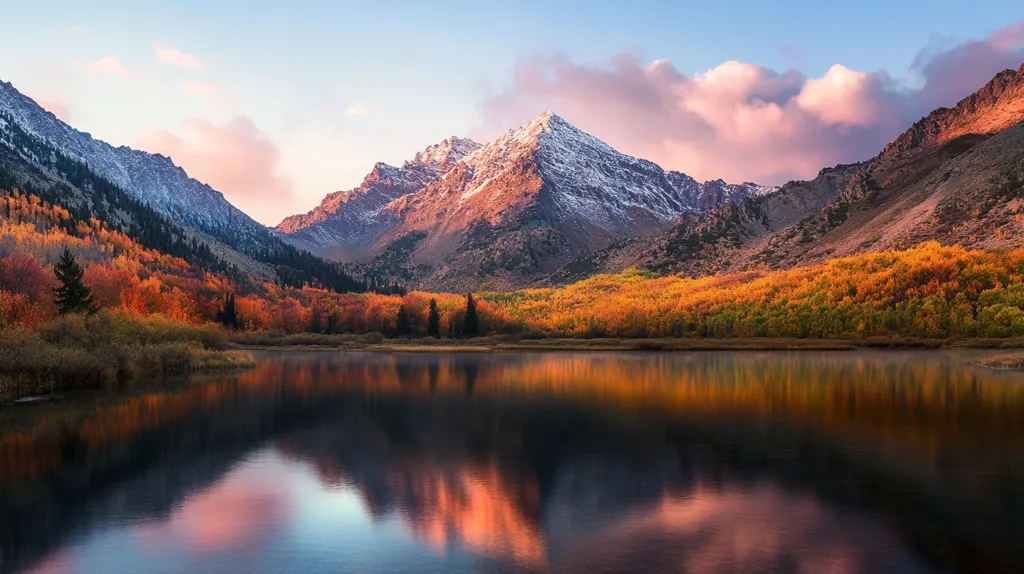A serene mountain lake reflects a breathtaking sunset. Lush, vibrant autumn foliage lines the shores, contrasting with snow-capped peaks in the distance. The sky is a canvas of soft pink and blue hues, casting a warm glow over the scene. The tranquility of the water and the majestic mountains create a picture of natural beauty.