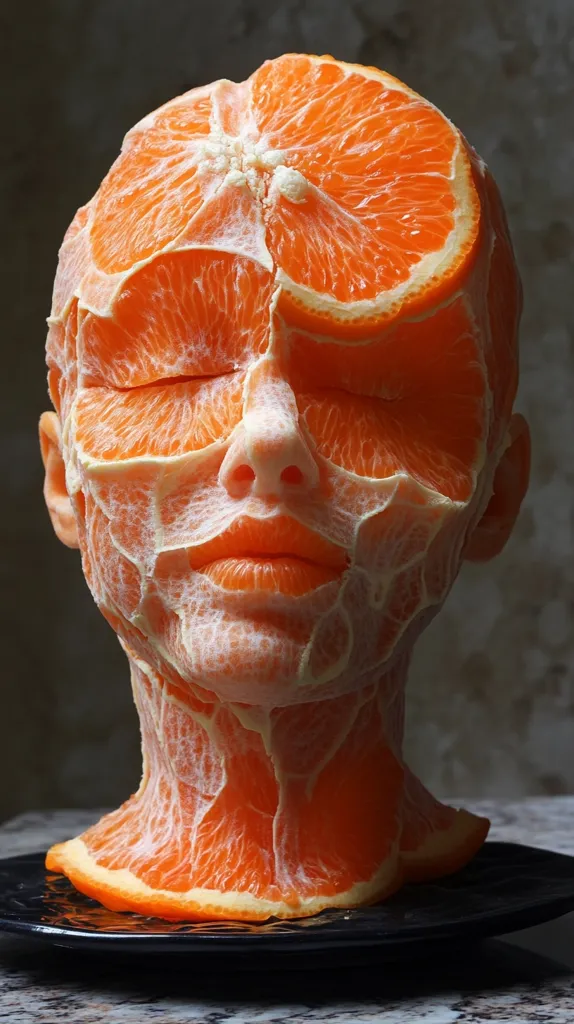 A human face is sculpted out of orange peel. The face is serene, with closed eyes and a soft expression. The peel is arranged to create the features of the face, including the nose, mouth, and eyes. The orange peel is illuminated in a way that highlights the texture and details of the fruit. The image is both beautiful and strange, creating a sense of wonder and intrigue.