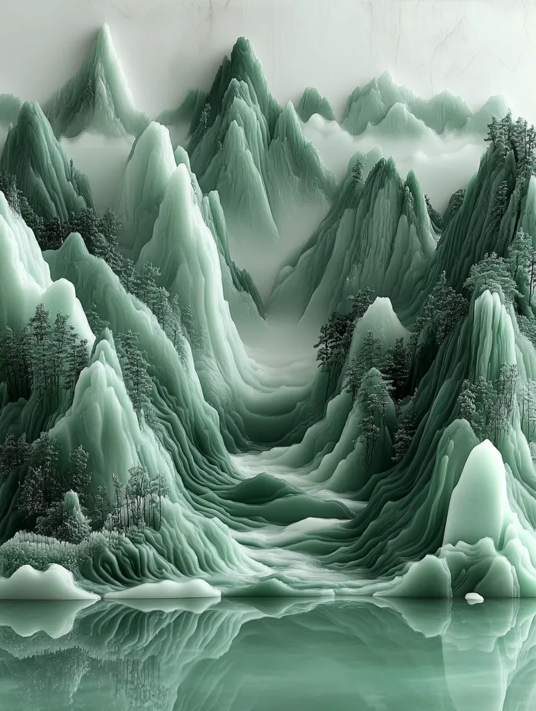 The image depicts a serene landscape of mountains and water in shades of green. The mountains are depicted in a stylized, almost abstract manner, with flowing lines and soft, rounded peaks. The water, reflecting the surrounding scenery, creates a sense of tranquility. Wispy clouds add to the dreamy atmosphere, suggesting a misty, ethereal setting. The overall effect is one of peacefulness and quiet beauty.