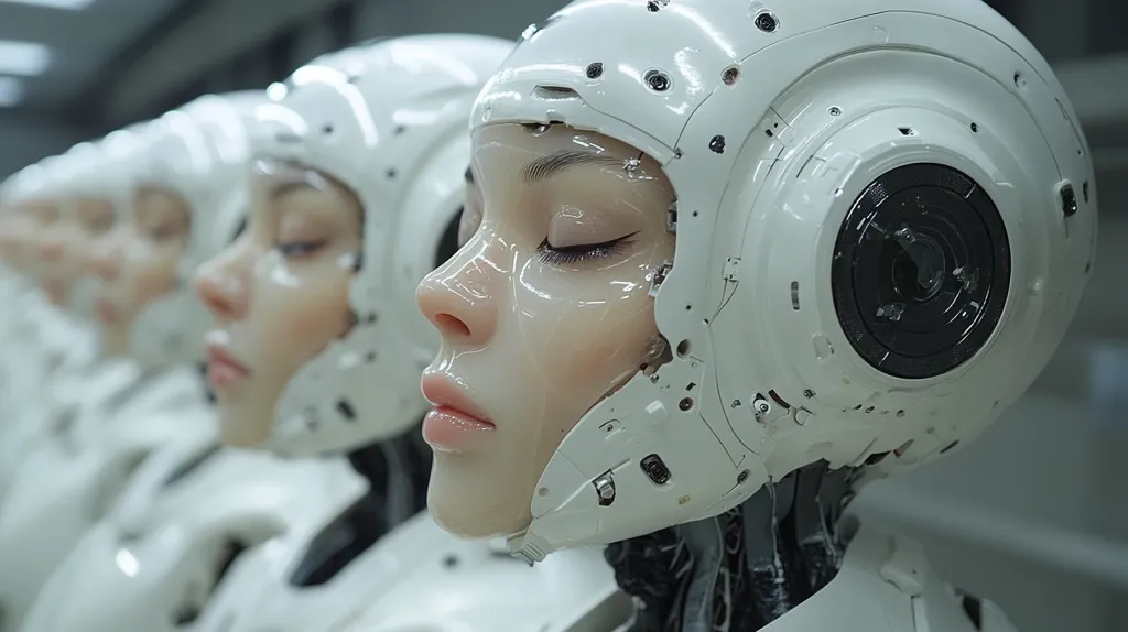 The image shows a close-up of a group of humanoid robots, their faces obscured by white helmets. The robot in the foreground has its eyes closed and its lips slightly parted, creating a sense of tranquility. The helmets are intricately designed with a large, circular element on the side that resembles a camera lens, hinting at their advanced technological capabilities. The image evokes a sense of both futuristic wonder and the uncanny, suggesting a world where robots are integrated into human society.