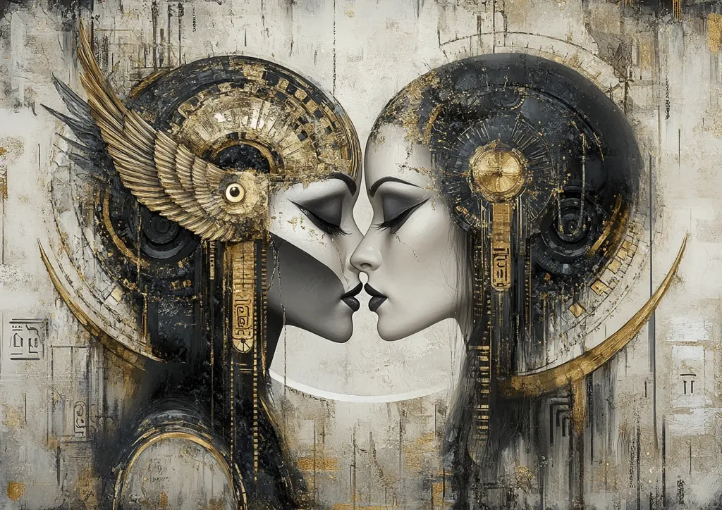 The image depicts two stylized female figures with their faces close together, suggesting a connection or union. Their heads are adorned with elaborate headdresses featuring intricate geometric patterns, wings, and gold accents. The overall aesthetic is a mix of ancient Egyptian and steampunk elements, creating a sense of mystery and grandeur. The background is a textured, abstract canvas with muted tones of gray, brown, and gold.